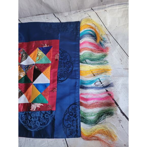 Silk Multi Color Triangle Quilted Table Runner With Fringe Possibly Handmade 36" - Picture 2 of 13